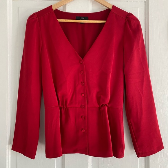 New J.Crew Women's Button Up Side Zip Satin-Crepe Red Peplum Blouse Size 2 - Picture 1 of 3